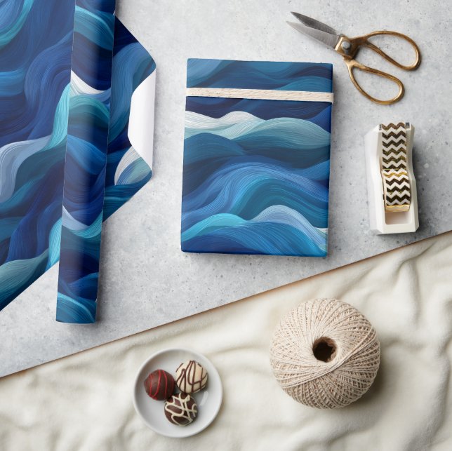 Papel De Presente Padrão Abstrato Branco Fluxo Azul Profundo Oceano (Artesanato)