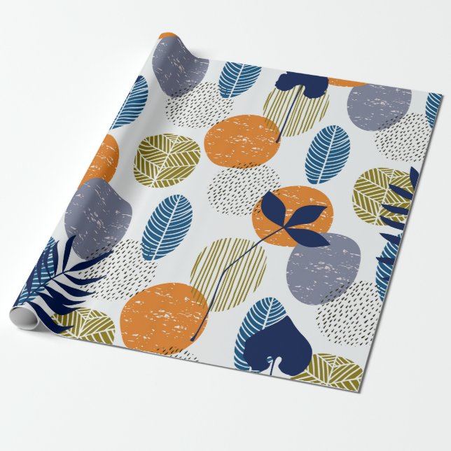 Papel De Presente Padrão abstrato com folhas e formas (Desenrolado)