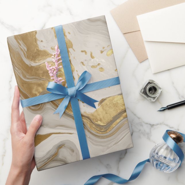 Papel De Presente Padrão Abstrato de Mármore Dourado Branco de Luxo (Presentear)