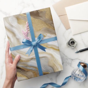 Papel De Presente Padrão Abstrato de Mármore Dourado Branco de Luxo