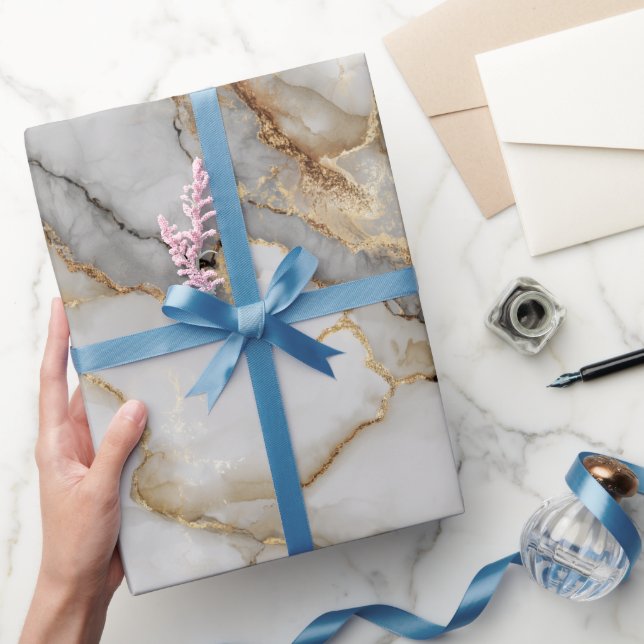 Papel De Presente Padrão Abstrato de Mármore Dourado Branco de Luxo (Presentear)