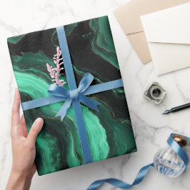 Papel De Presente Padrão Abstrato de Mármore Esmeralda Luxuoso Brilh