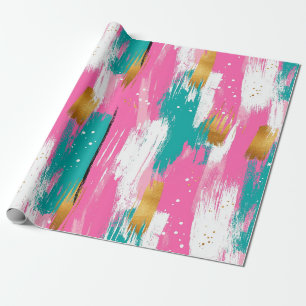 Papel De Presente Padrão Abstrato de Pincelada Rosa Limão Dourado