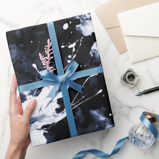 Papel De Presente Padrão Abstrato de Tinta Fluida Preta Índigo (Presentear)