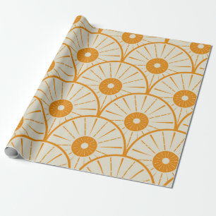 Papel De Presente Padrão Abstrato do Sol em Art Déco Laranja 