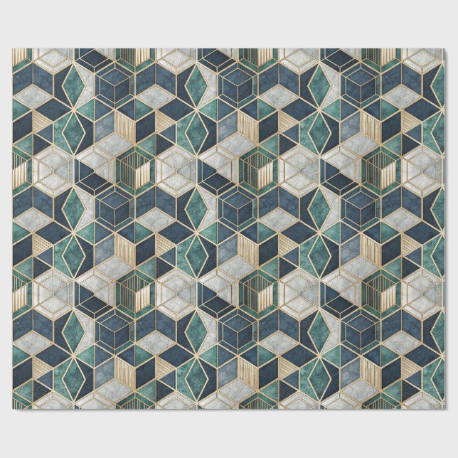 Papel De Presente Padrão Abstrato Geométrico Moderno em Verde Azul e (Aberto)