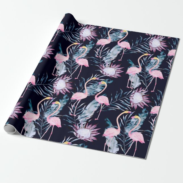 Papel De Presente padrão abstrato tropical com flamingo, protea, l (Desenrolado)