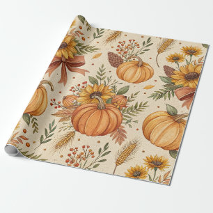 Papel De Presente Padrão Aconchegante de Abóbora e Girassol de Outon