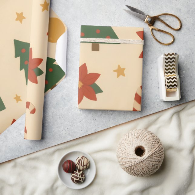 Papel De Presente Padrão Aconchegante de Natal com Presentes e Árvor (Artesanato)