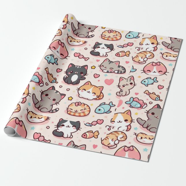 Papel De Presente Padrão Adorável de Gatos Kawaii (Desenrolado)