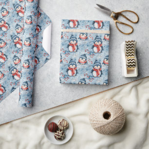 Papel De Presente Padrão Adorável de Pinguim de inverno com Chapéus