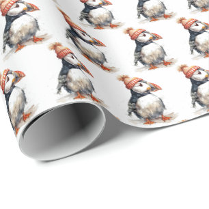 Papel De Presente Padrão Alegre de Papai Noel Puffin
