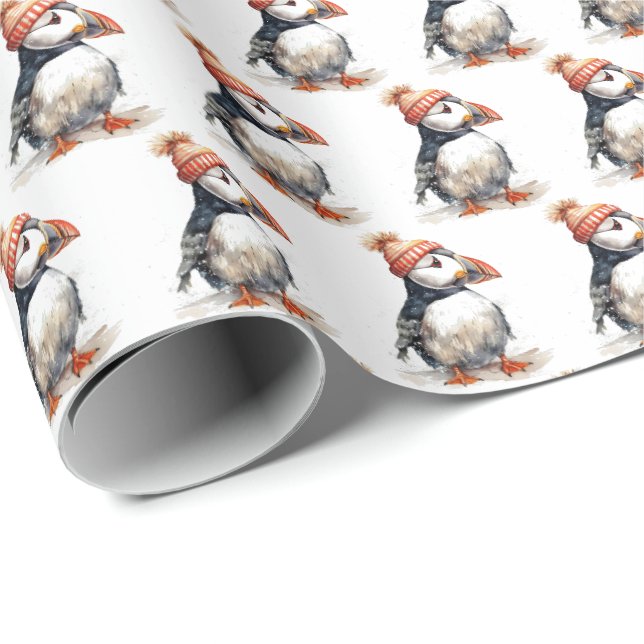 Papel De Presente Padrão Alegre de Papai Noel Puffin (Ponta do rolo)