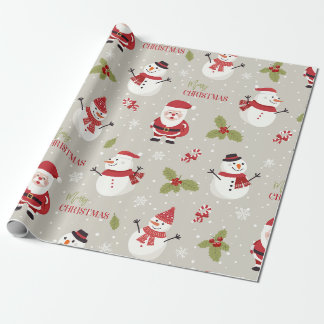 Papel De Presente Padrão Alegre Natal com Papai Noel e Boneco de Nev