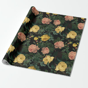 Papel De Presente Padrão antigo de Rosas Redouté em preto