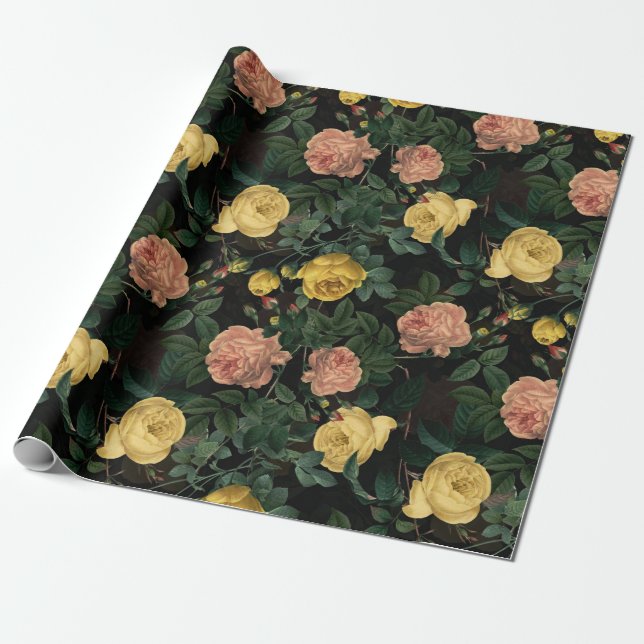 Papel De Presente Padrão antigo de Rosas Redouté em preto (Desenrolado)