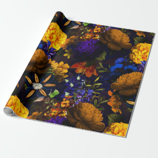 Papel De Presente Padrão Antiquado de Flores Amarelas Roxas Púrpuras