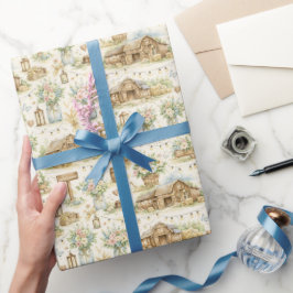 Papel De Presente Padrão Aquarela de Casamento em Celeiro Rústico