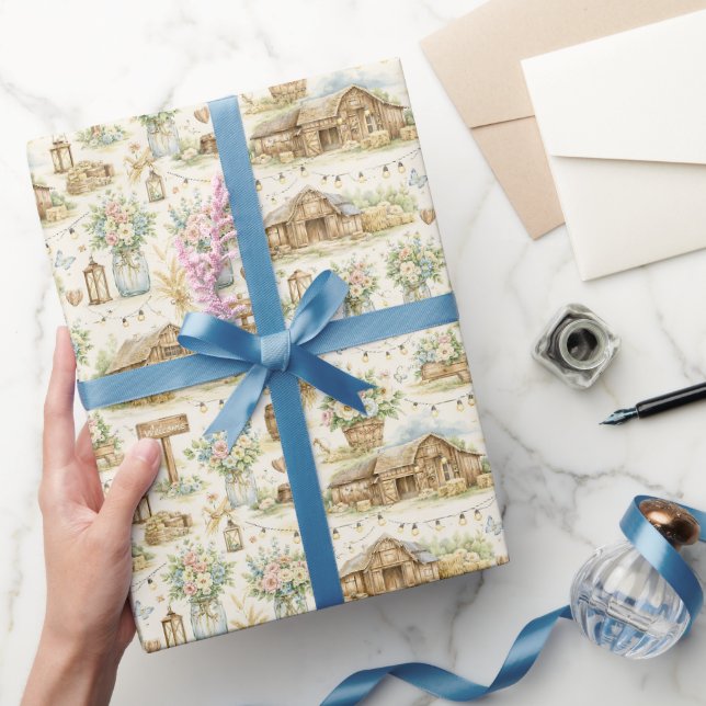 Papel De Presente Padrão Aquarela de Casamento em Celeiro Rústico (Presentear)