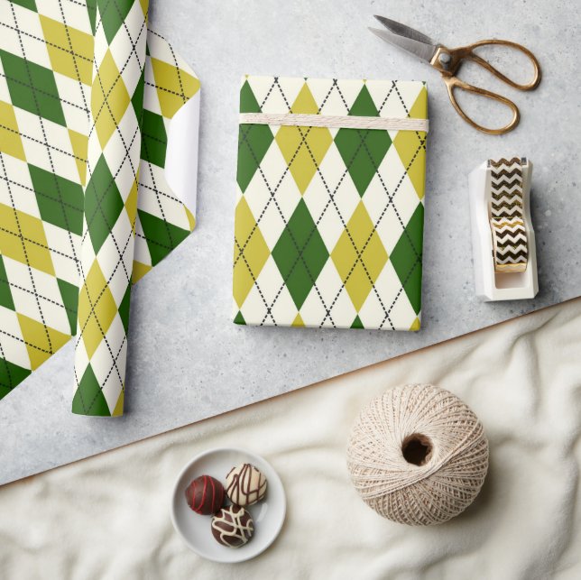 Papel De Presente Padrão Argyle Verde e Amarelo (Artesanato)