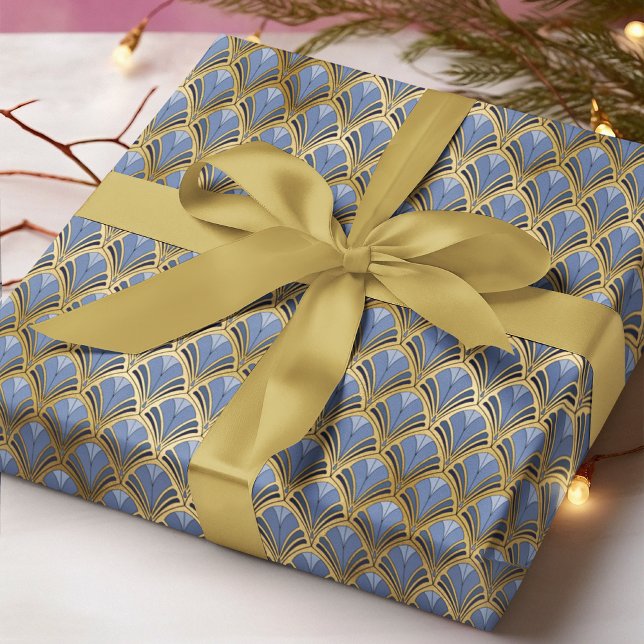 Papel De Presente Padrão Art Déco Azul Elegante a Ouro (Criador carregado)