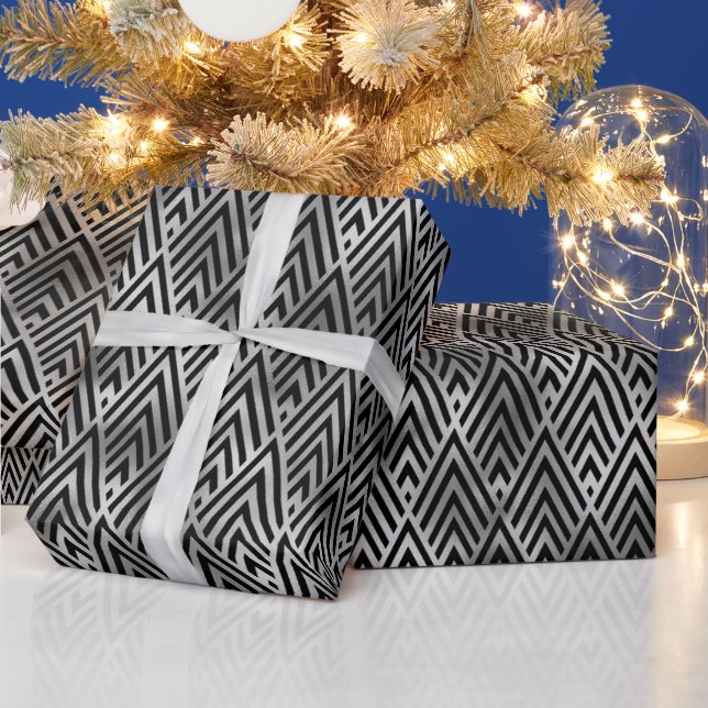 Papel De Presente Padrão Art Déco de Diamante com Chevron de Prata E (Feriados)