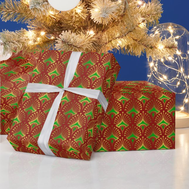 Papel De Presente Padrão Art Déco dourado e verde sobre vermelho (Feriados)
