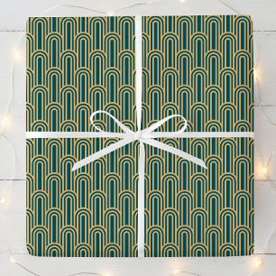 Papel De Presente Padrão Art Déco Elegante Arcos Azul Turquesa Doura