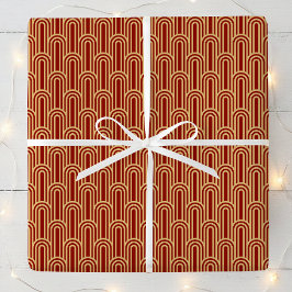Papel De Presente Padrão Art Déco Elegante Arcos Vermelho Dourado Ch