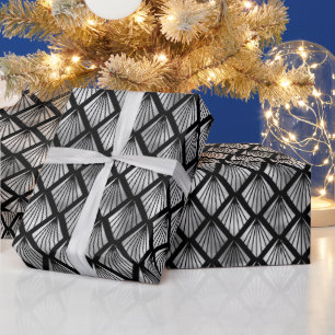 Papel De Presente Padrão Art Déco em Prata e Diamante Preto