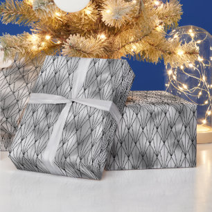 Papel De Presente Padrão Art Déco em Prata e Diamante Preto