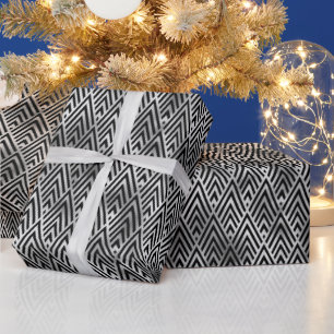Papel De Presente Padrão Art Déco em Prata e Diamante Preto