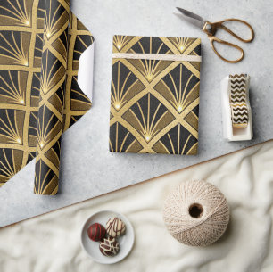 Papel De Presente Padrão Art Déco Preto e Dourado Elegante