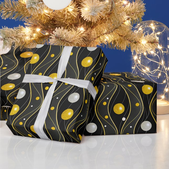 Papel De Presente Padrão Art Déco Preto Prata Dourado (Feriados)