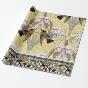 Papel De Presente Padrão Art Nouveau de Orquídea Beija-Flor Vintage
