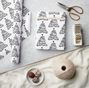 Papel De Presente Padrão Árvore de Natal Festivo Preto e Branco