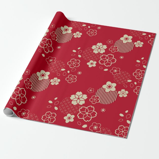 Papel De Presente Padrão asiático vermelho com flores de primavera (Desenrolado)