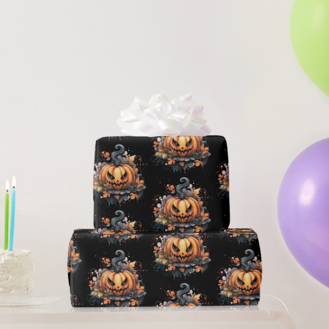 Papel De Presente Padrão Assustador de Jack-O' Lanterna Halloween (Presentes para festas)