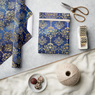 Papel De Presente Padrão Azul Aquarela com Damascado Dourado