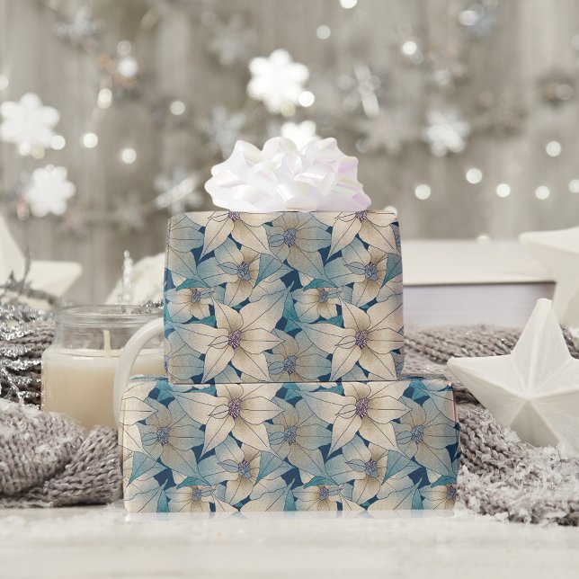 Papel De Presente Padrão Azul de Natal da Poinsettia Branca Moderna (Criador carregado)
