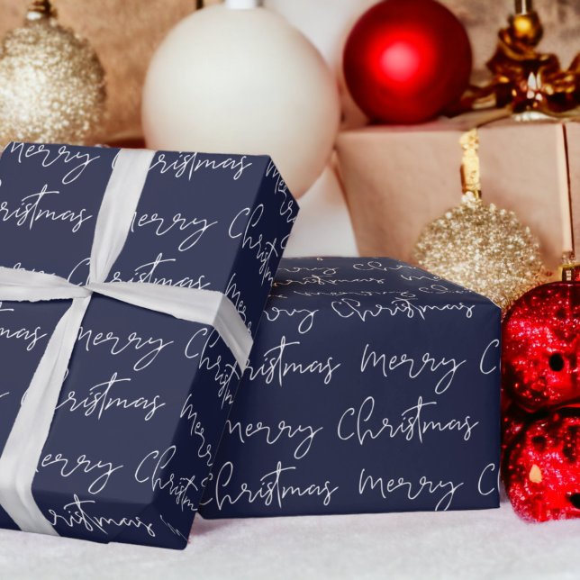 Papel De Presente Padrão azul do script de Feliz Natal legal (Cool Merry Christmas script font blue pattern Wrapping Paper)