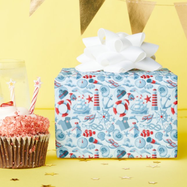 Papel De Presente Padrão Azul E Branco Náutico (Festa de aniversário)