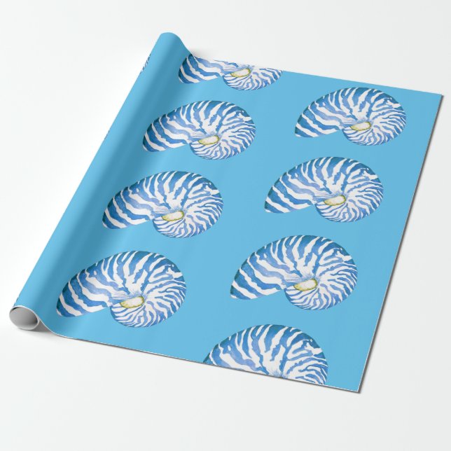 Papel De Presente Padrão Azul Nautilus Shell (Desenrolado)