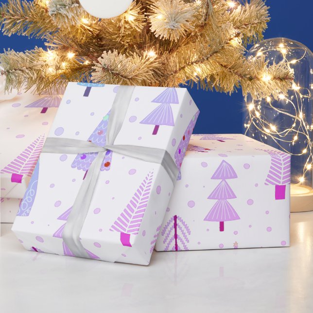 Papel De Presente Padrão Azul Rosa Púrpura das Árvores de Natal Mode (Feriados)