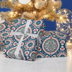 Papel De Presente Padrão Azulejo Azulejo Vermelho Azul
