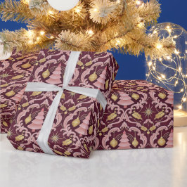 Papel De Presente Padrão Barroco de Natal Rosa e Borgonha