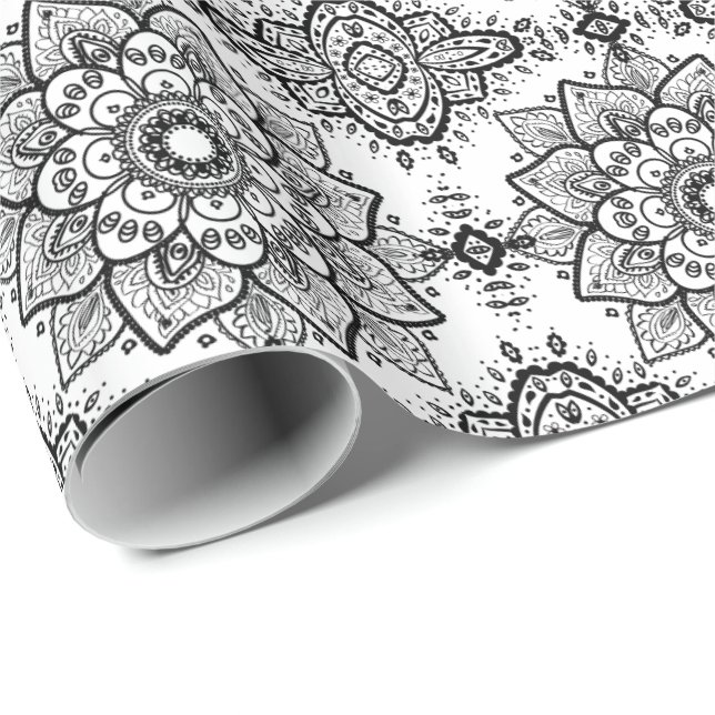 Papel De Presente Padrão Black Floral Paisley Mandala (Ponta do rolo)