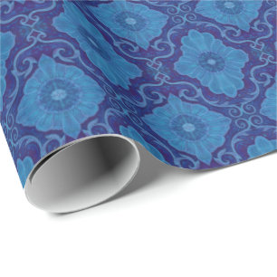 Papel De Presente Padrão Boêmiano do Damasco Floral de Flor Azul