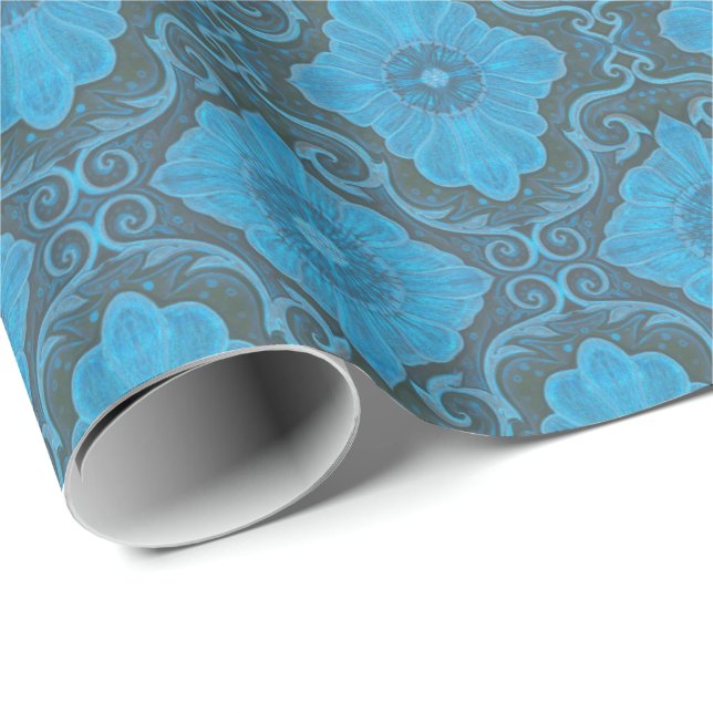 Papel De Presente Padrão boêmico "palácio-floral", azul e cinza (Ponta do rolo)