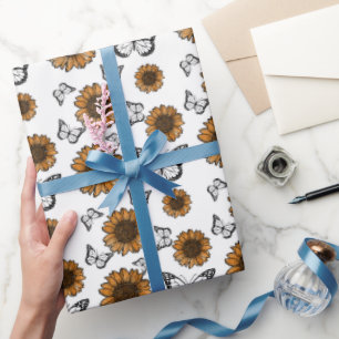 Papel De Presente Padrão Boho de Girassol e Borboletas